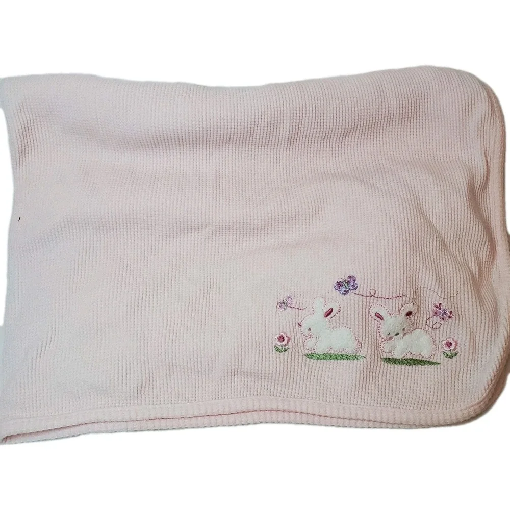 Thermal Waffle Weave Pink Baby Blanket Bunny Butterfly‎ VinTage